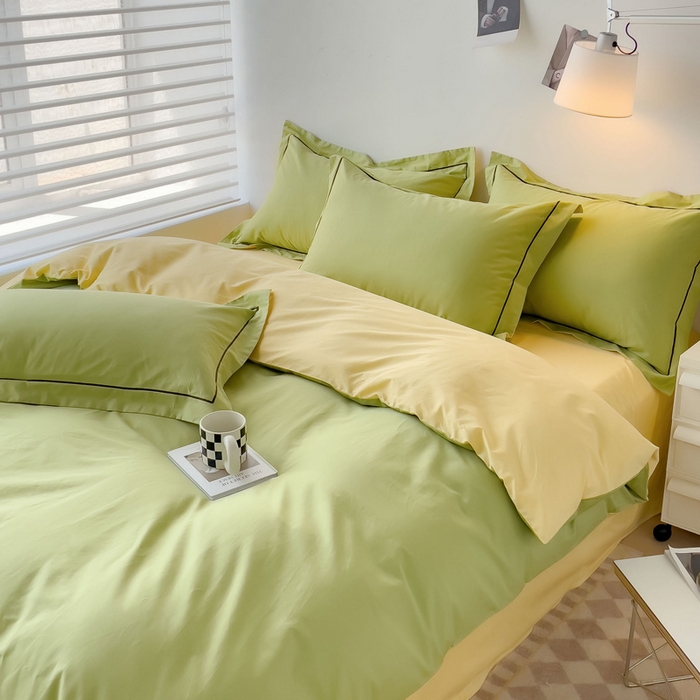 91家纺网 家纺一手货源 找家纺 锦彩家居 2026新款40支正宗13372双拼纯色全棉四件套酒店宾馆民宿学生三件套（可定制）标准号的床单是圆角吊边；小号和加大的床单都是直角 抹茶绿-初黄