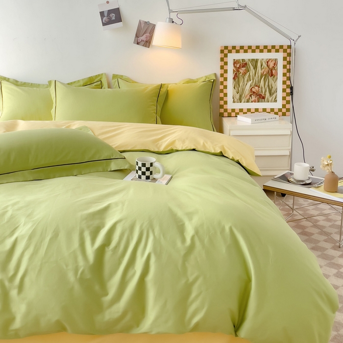 91家纺网 家纺一手货源 找家纺 锦彩家居 2026新款40支正宗13372双拼纯色全棉四件套酒店宾馆民宿学生三件套（可定制）标准号的床单是圆角吊边；小号和加大的床单都是直角 抹茶绿-初黄