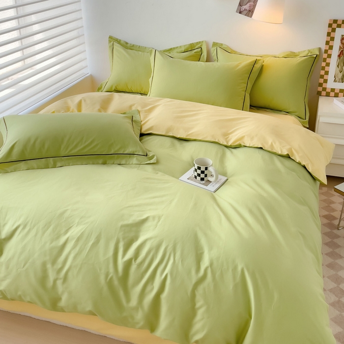 91家纺网 家纺一手货源 找家纺 锦彩家居 2026新款40支正宗13372双拼纯色全棉四件套酒店宾馆民宿学生三件套（可定制）标准号的床单是圆角吊边；小号和加大的床单都是直角 抹茶绿-初黄