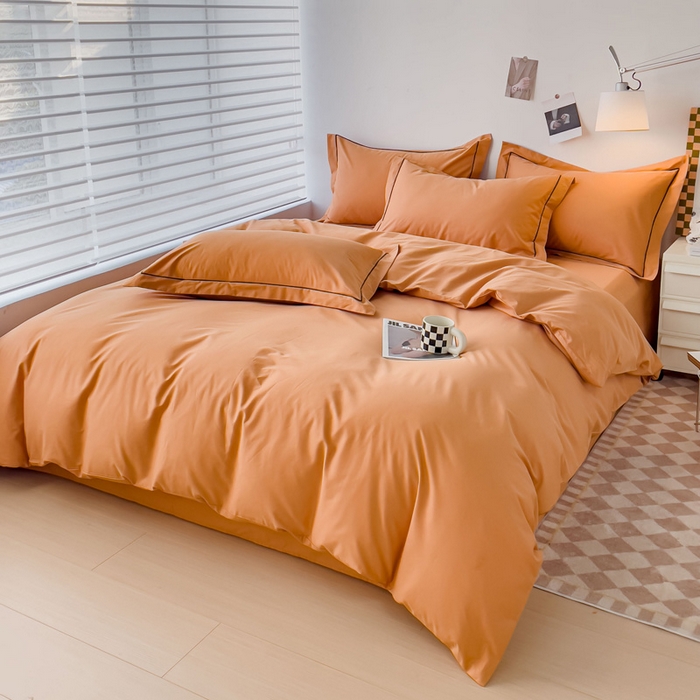 91家纺网 家纺一手货源 找家纺 锦彩家居 2026新款40支正宗13372双拼纯色全棉四件套酒店宾馆民宿学生三件套（可定制）标准号的床单是圆角吊边；小号和加大的床单都是直角 南瓜橘