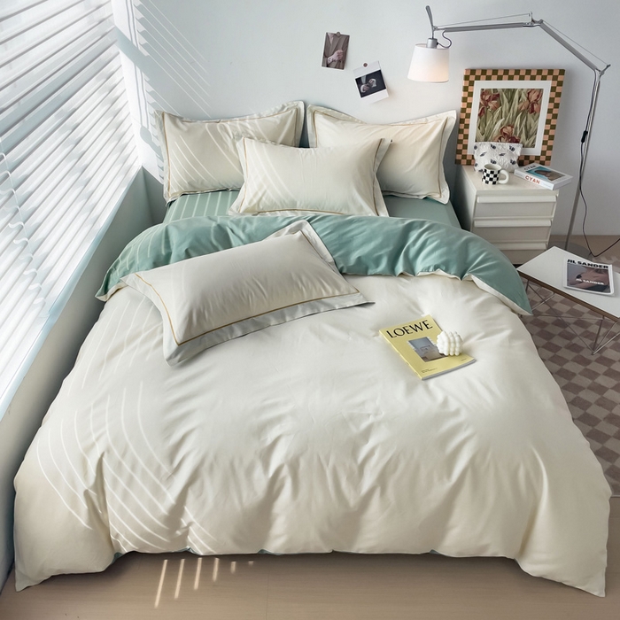 91家纺网 家纺一手货源 找家纺 锦彩家居 2026新款40支正宗13372双拼纯色全棉四件套酒店宾馆民宿学生三件套（可定制）标准号的床单是圆角吊边；小号和加大的床单都是直角 奶昔白-豆绿