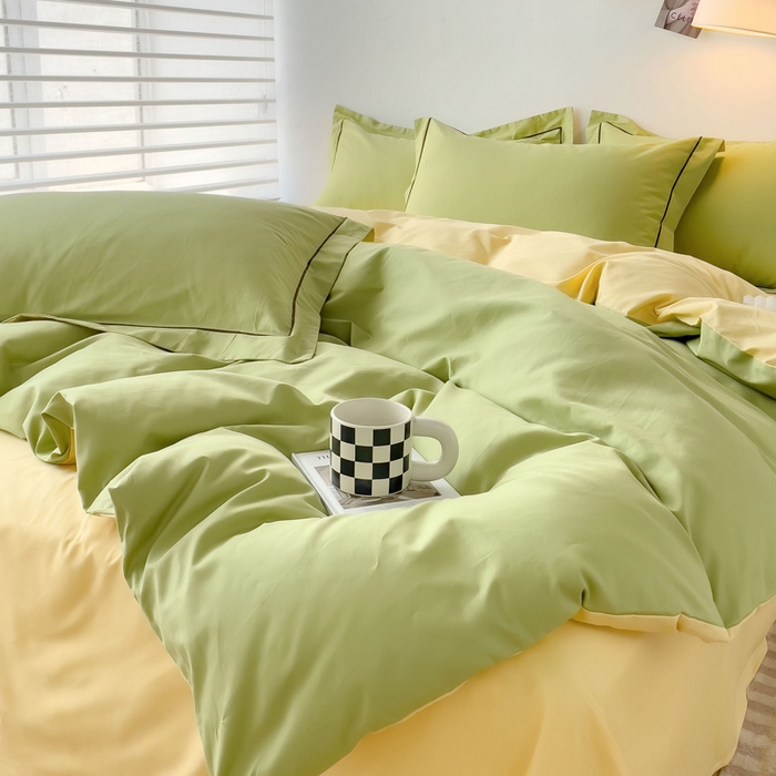 91家纺网 家纺一手货源 找家纺 锦彩家居 2026新款40支正宗13372双拼纯色全棉四件套酒店宾馆民宿学生三件套（可定制）标准号的床单是圆角吊边；小号和加大的床单都是直角 抹茶绿-初黄