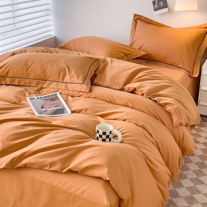 91家纺网 家纺一手货源 找家纺 锦彩家居 2026新款40支正宗13372双拼纯色全棉四件套酒店宾馆民宿学生三件套（可定制）标准号的床单是圆角吊边；小号和加大的床单都是直角 南瓜橘