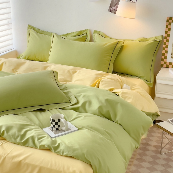 91家纺网 家纺一手货源 找家纺 锦彩家居 2026新款40支正宗13372双拼纯色全棉四件套酒店宾馆民宿学生三件套（可定制）标准号的床单是圆角吊边；小号和加大的床单都是直角 抹茶绿-初黄