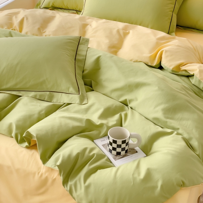 91家纺网 家纺一手货源 找家纺 锦彩家居 2026新款40支正宗13372双拼纯色全棉四件套酒店宾馆民宿学生三件套（可定制）标准号的床单是圆角吊边；小号和加大的床单都是直角 抹茶绿-初黄