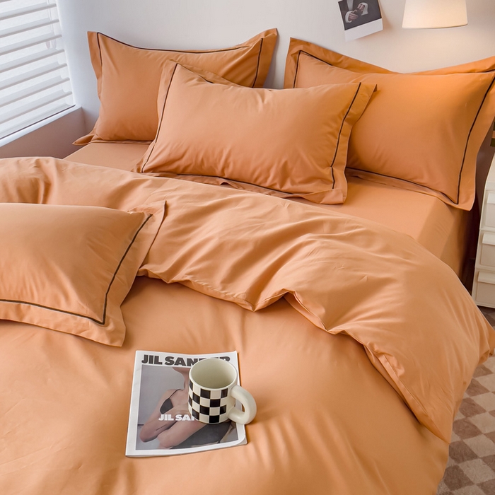 91家纺网 家纺一手货源 找家纺 锦彩家居 2026新款40支正宗13372双拼纯色全棉四件套酒店宾馆民宿学生三件套（可定制）标准号的床单是圆角吊边；小号和加大的床单都是直角 南瓜橘