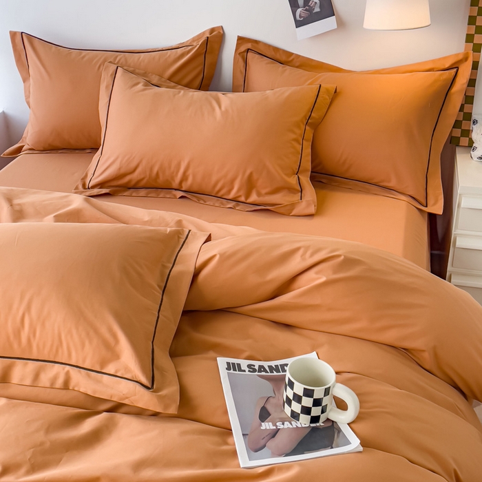 91家纺网 家纺一手货源 找家纺 锦彩家居 2026新款40支正宗13372双拼纯色全棉四件套酒店宾馆民宿学生三件套（可定制）标准号的床单是圆角吊边；小号和加大的床单都是直角 南瓜橘