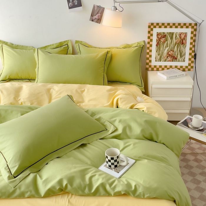 91家纺网 家纺一手货源 找家纺 锦彩家居 2026新款40支正宗13372双拼纯色全棉四件套酒店宾馆民宿学生三件套（可定制）标准号的床单是圆角吊边；小号和加大的床单都是直角 抹茶绿-初黄