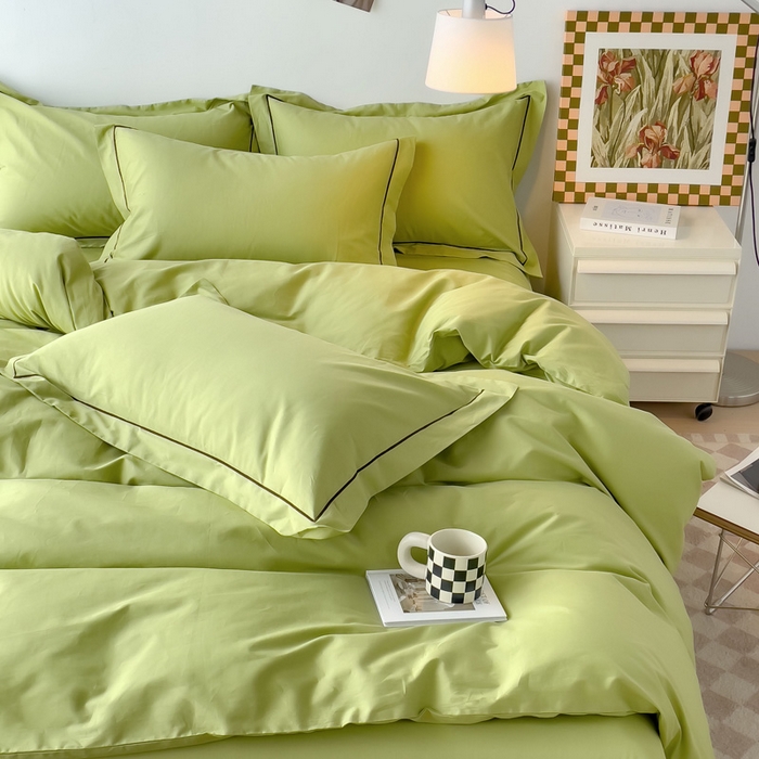 91家纺网 家纺一手货源 找家纺 锦彩家居 2026新款40支正宗13372双拼纯色全棉四件套酒店宾馆民宿学生三件套（可定制）标准号的床单是圆角吊边；小号和加大的床单都是直角 抹茶绿