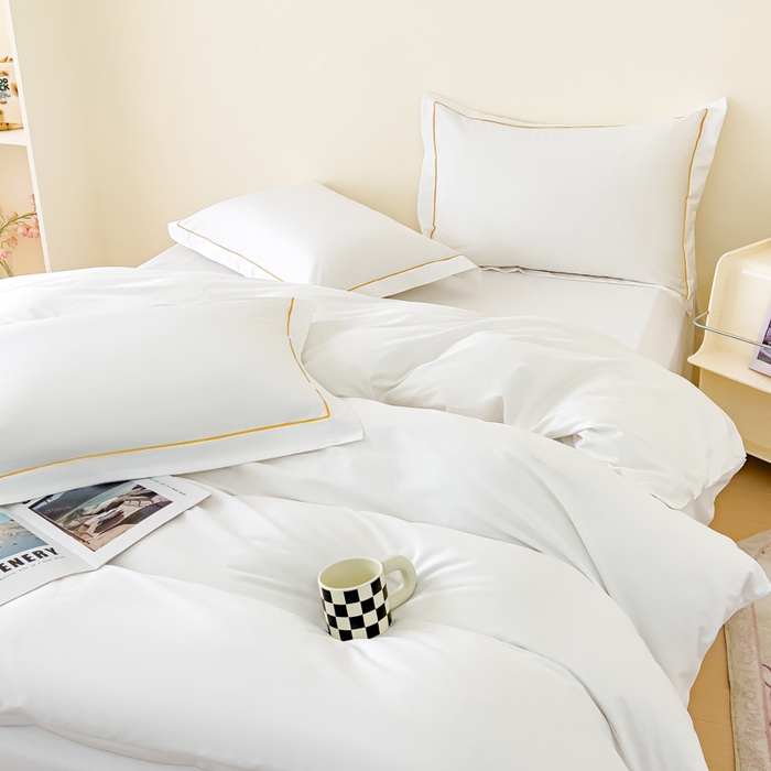 91家纺网 家纺一手货源 找家纺 锦彩家居 2026新款40支正宗13372双拼纯色全棉四件套酒店宾馆民宿学生三件套（可定制）标准号的床单是圆角吊边；小号和加大的床单都是直角 拉链款纯白--枕套含一字绣