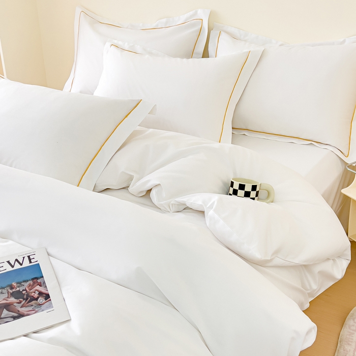 锦彩家居 2026新款40支正宗13372双拼纯色全棉四件套酒店宾馆民宿学生三件套（可定制）标准号的床单是圆角吊边；小号和加大的床单都是直角 拉链款纯白--枕套含一字绣