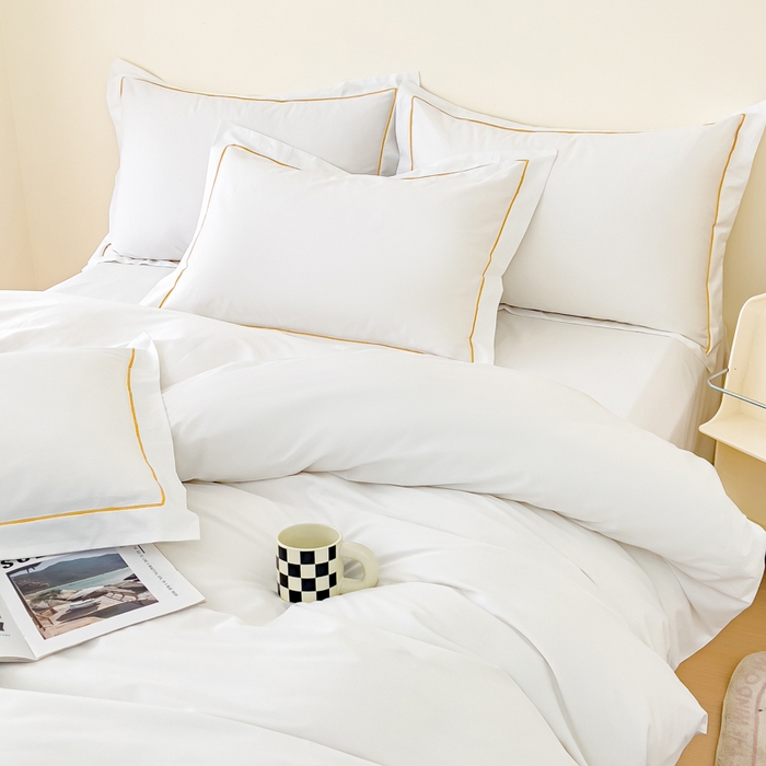 91家纺网 家纺一手货源 找家纺 锦彩家居 2026新款40支正宗13372双拼纯色全棉四件套酒店宾馆民宿学生三件套（可定制）标准号的床单是圆角吊边；小号和加大的床单都是直角 拉链款纯白--枕套含一字绣