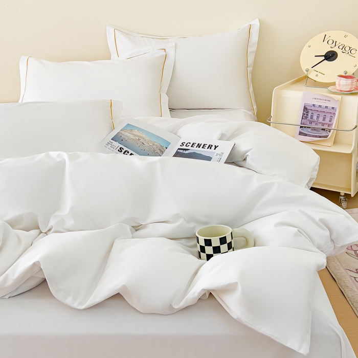 91家纺网 家纺一手货源 找家纺 锦彩家居 2026新款40支正宗13372双拼纯色全棉四件套酒店宾馆民宿学生三件套（可定制）标准号的床单是圆角吊边；小号和加大的床单都是直角 拉链款纯白--枕套含一字绣