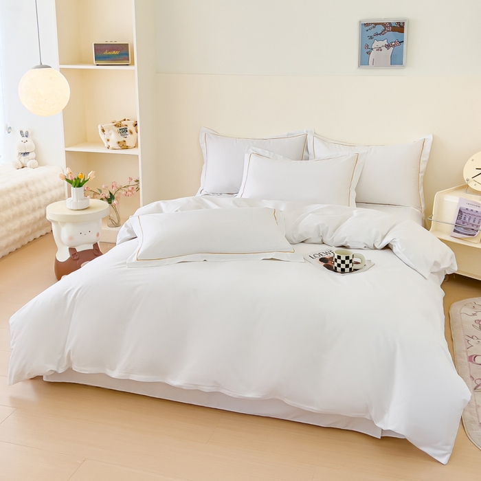 91家纺网 家纺一手货源 找家纺 锦彩家居 2026新款40支正宗13372双拼纯色全棉四件套酒店宾馆民宿学生三件套（可定制）标准号的床单是圆角吊边；小号和加大的床单都是直角 拉链款纯白--枕套含一字绣