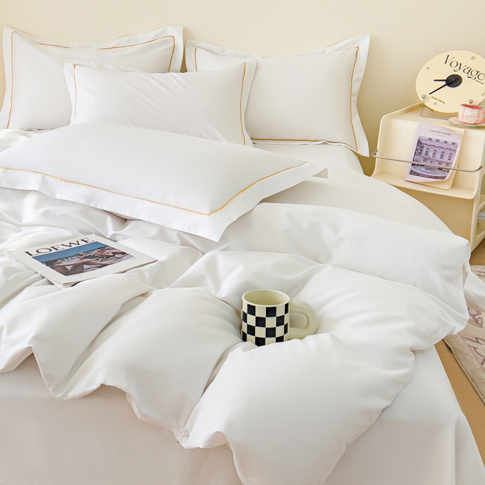 91家纺网 家纺一手货源 找家纺 锦彩家居 2026新款40支正宗13372双拼纯色全棉四件套酒店宾馆民宿学生三件套（可定制）标准号的床单是圆角吊边；小号和加大的床单都是直角 拉链款纯白--枕套含一字绣