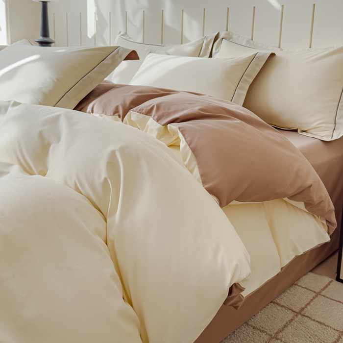锦彩家居 2026新款40支正宗13372双拼纯色全棉四件套酒店宾馆民宿学生三件套（可定制）标准号的床单是圆角吊边；小号和加大的床单都是直角 奶昔白-摩卡