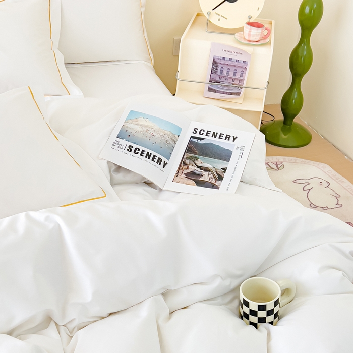 91家纺网 家纺一手货源 找家纺 锦彩家居 2026新款40支正宗13372双拼纯色全棉四件套酒店宾馆民宿学生三件套（可定制）标准号的床单是圆角吊边；小号和加大的床单都是直角 拉链款纯白--枕套含一字绣