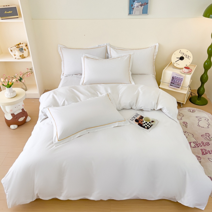 91家纺网 家纺一手货源 找家纺 锦彩家居 2026新款40支正宗13372双拼纯色全棉四件套酒店宾馆民宿学生三件套（可定制）标准号的床单是圆角吊边；小号和加大的床单都是直角 拉链款纯白--枕套含一字绣