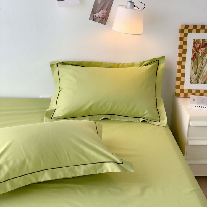 91家纺网 家纺一手货源 找家纺 锦彩家居 2026新款40支正宗13372双拼纯色全棉四件套酒店宾馆民宿学生三件套（可定制）标准号的床单是圆角吊边；小号和加大的床单都是直角 抹茶绿