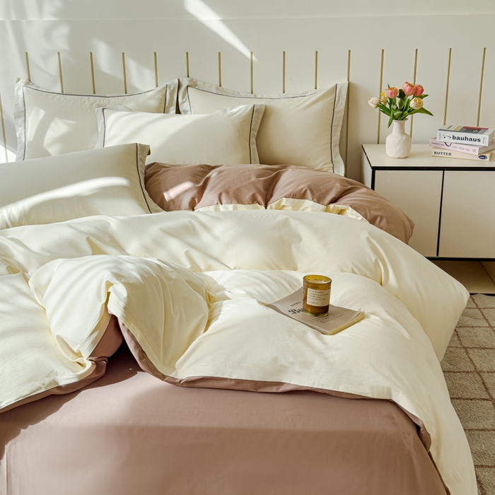91家纺网 家纺一手货源 找家纺 锦彩家居 2026新款40支正宗13372双拼纯色全棉四件套酒店宾馆民宿学生三件套（可定制）标准号的床单是圆角吊边；小号和加大的床单都是直角 奶昔白-摩卡