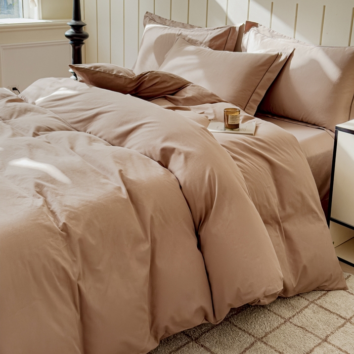 91家纺网 家纺一手货源 找家纺 锦彩家居 2026新款40支正宗13372双拼纯色全棉四件套酒店宾馆民宿学生三件套（可定制）标准号的床单是圆角吊边；小号和加大的床单都是直角 摩卡