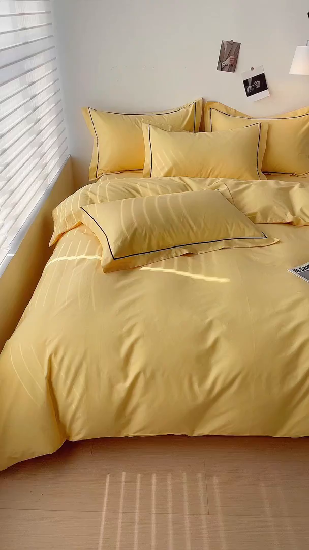 91家纺网 家纺一手货源 找家纺 锦彩家居 2026新款40支正宗13372双拼纯色全棉四件套酒店宾馆民宿学生三件套（可定制）标准号的床单是圆角吊边；小号和加大的床单都是直角 初黄