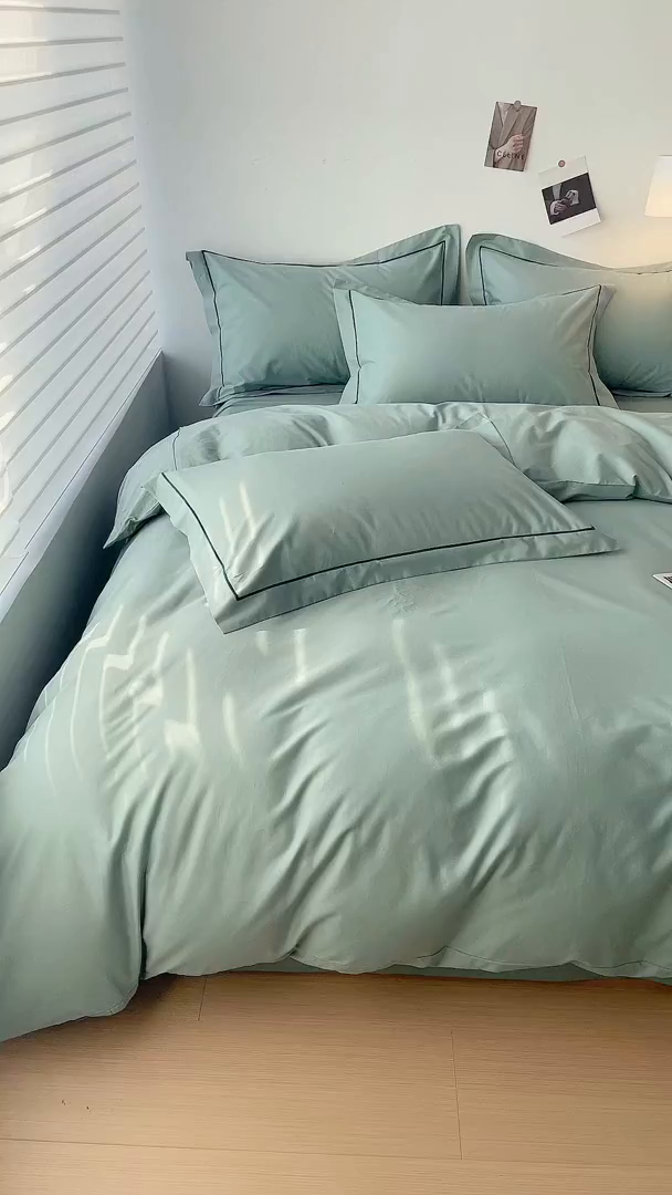 91家纺网 家纺一手货源 找家纺 锦彩家居 2026新款40支正宗13372双拼纯色全棉四件套酒店宾馆民宿学生三件套（可定制）标准号的床单是圆角吊边；小号和加大的床单都是直角 豆绿