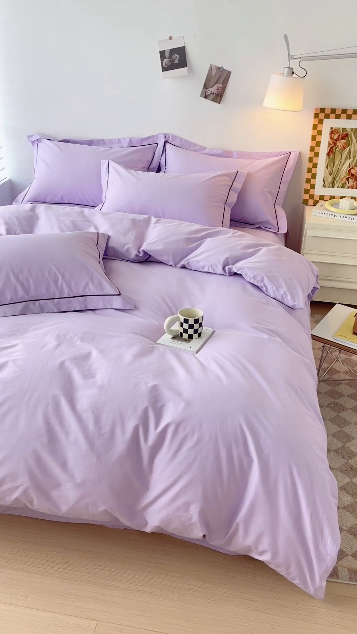 91家纺网 家纺一手货源 找家纺 锦彩家居 2026新款40支正宗13372双拼纯色全棉四件套酒店宾馆民宿学生三件套（可定制）标准号的床单是圆角吊边；小号和加大的床单都是直角 浅紫