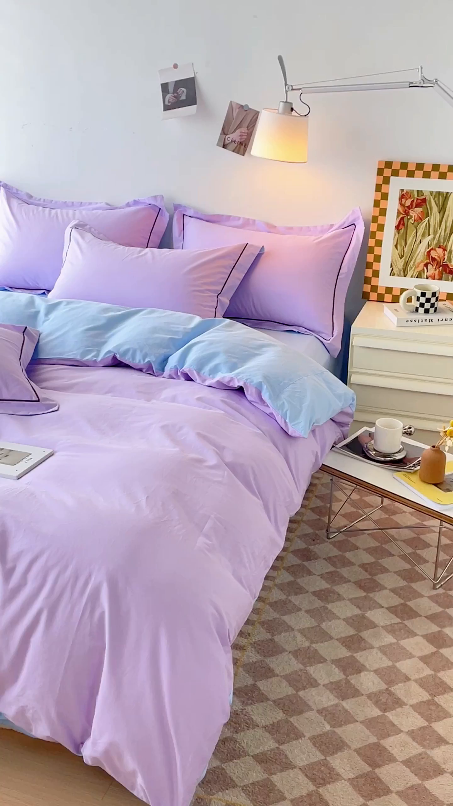 91家纺网 家纺一手货源 找家纺 锦彩家居 2026新款40支正宗13372双拼纯色全棉四件套酒店宾馆民宿学生三件套（可定制）标准号的床单是圆角吊边；小号和加大的床单都是直角 浅紫-天蓝