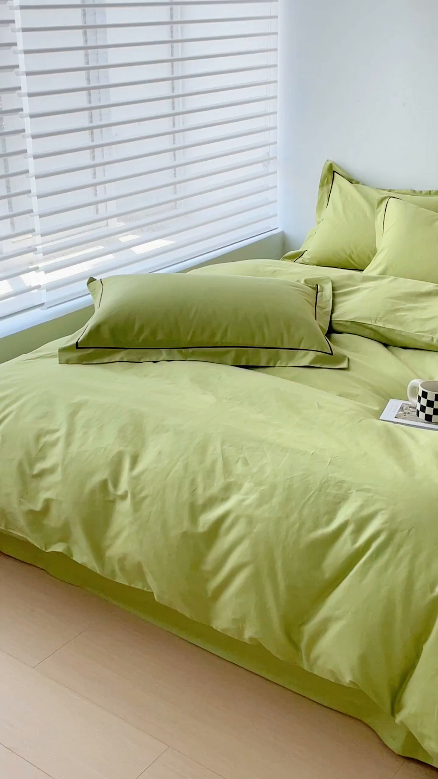 91家纺网 家纺一手货源 找家纺 锦彩家居 2026新款40支正宗13372双拼纯色全棉四件套酒店宾馆民宿学生三件套（可定制）标准号的床单是圆角吊边；小号和加大的床单都是直角 抹茶绿