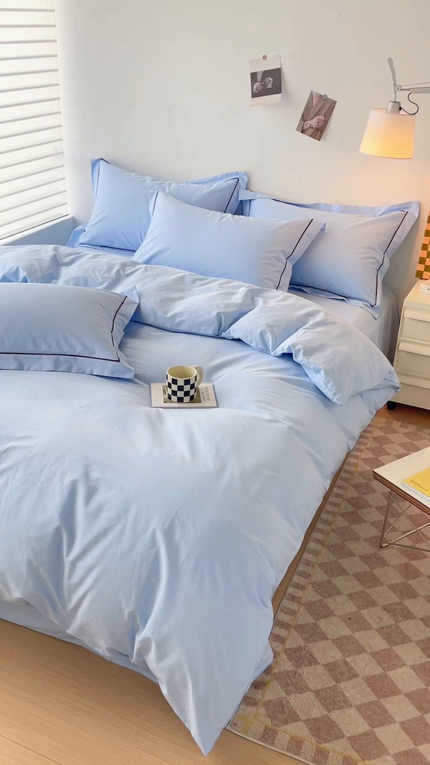 91家纺网 家纺一手货源 找家纺 锦彩家居 2026新款40支正宗13372双拼纯色全棉四件套酒店宾馆民宿学生三件套（可定制）标准号的床单是圆角吊边；小号和加大的床单都是直角 天蓝