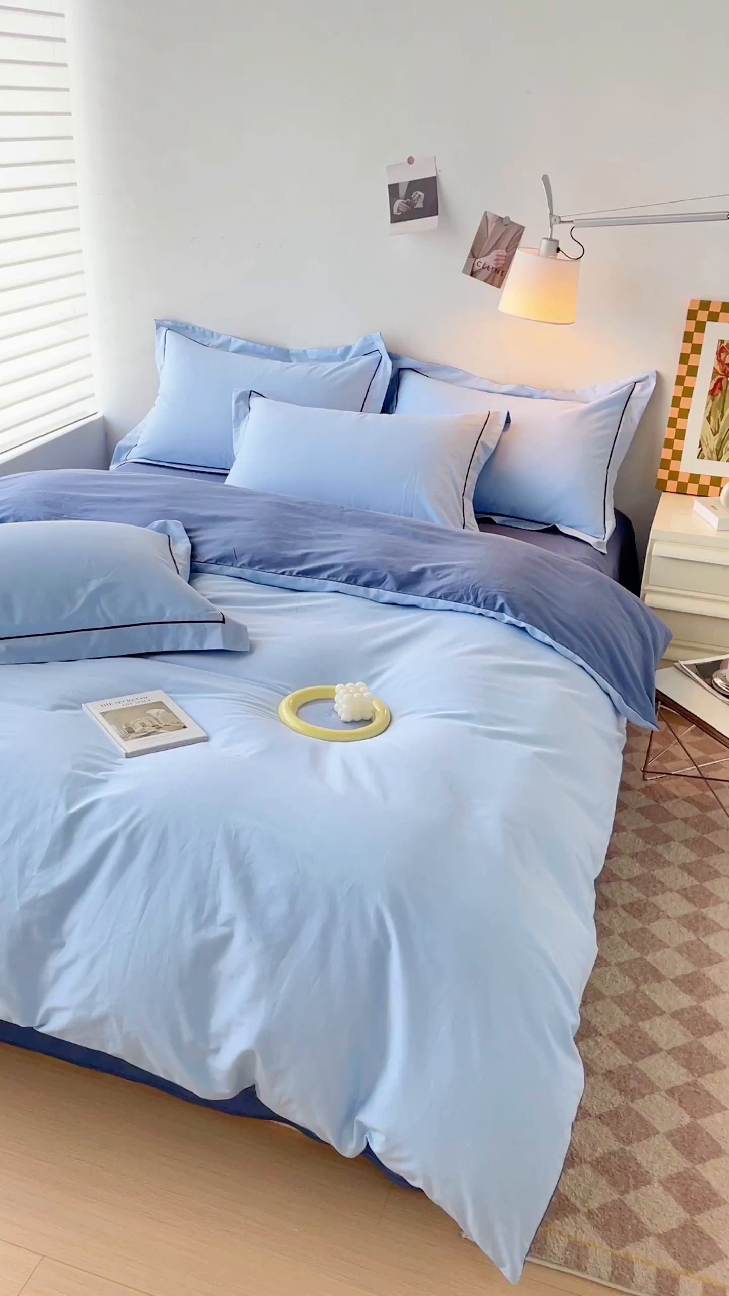 91家纺网 家纺一手货源 找家纺 锦彩家居 2026新款40支正宗13372双拼纯色全棉四件套酒店宾馆民宿学生三件套（可定制）标准号的床单是圆角吊边；小号和加大的床单都是直角 天蓝-宾利蓝