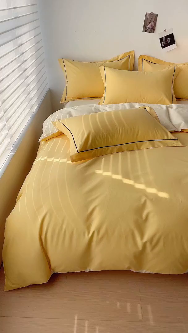 91家纺网 家纺一手货源 找家纺 锦彩家居 2026新款40支正宗13372双拼纯色全棉四件套酒店宾馆民宿学生三件套（可定制）标准号的床单是圆角吊边；小号和加大的床单都是直角 初黄-奶昔白