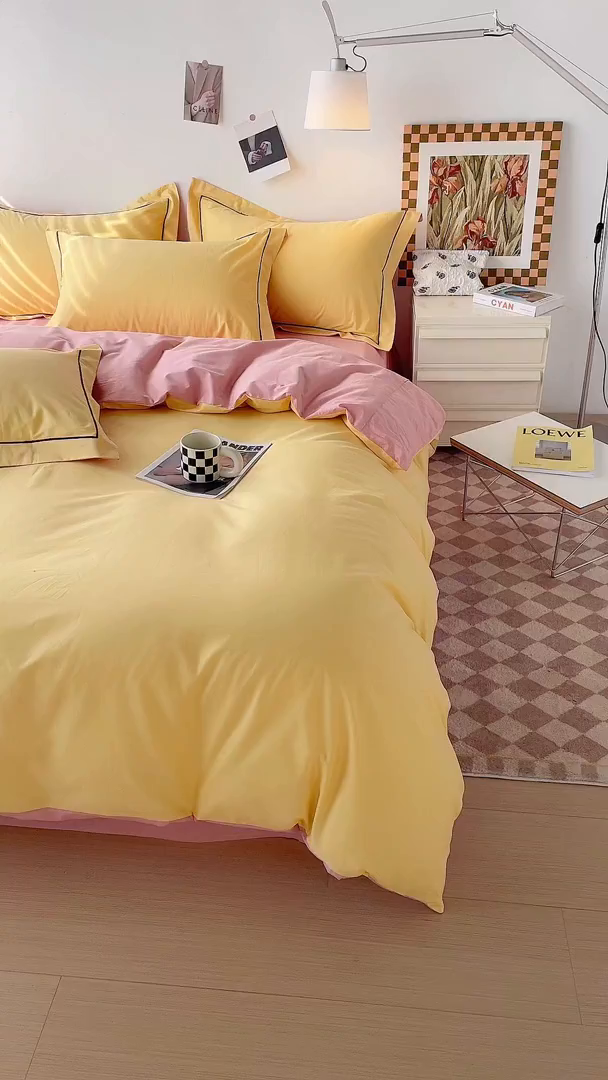 91家纺网 家纺一手货源 找家纺 锦彩家居 2026新款40支正宗13372双拼纯色全棉四件套酒店宾馆民宿学生三件套（可定制）标准号的床单是圆角吊边；小号和加大的床单都是直角 初黄-浅豆沙