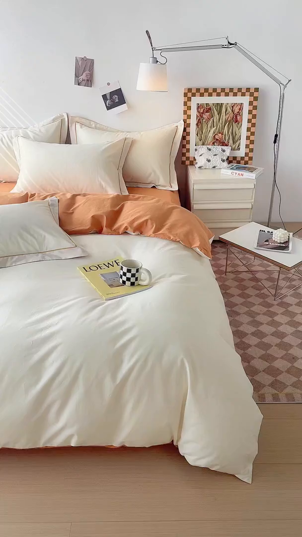 91家纺网 家纺一手货源 找家纺 锦彩家居 2026新款40支正宗13372双拼纯色全棉四件套酒店宾馆民宿学生三件套（可定制）标准号的床单是圆角吊边；小号和加大的床单都是直角 奶昔白-南瓜橘