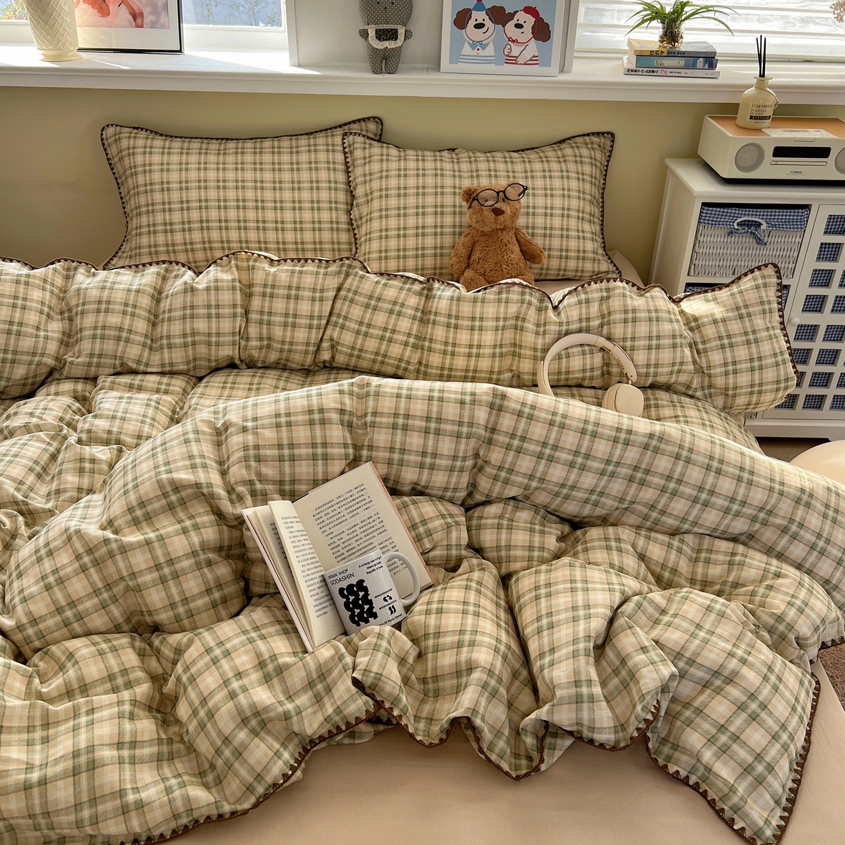 91家纺网 家纺一手货源 找家纺 典曼家纺 2026新款全棉纯棉有氧双层纱贝壳边四件套 贝壳边北欧风情