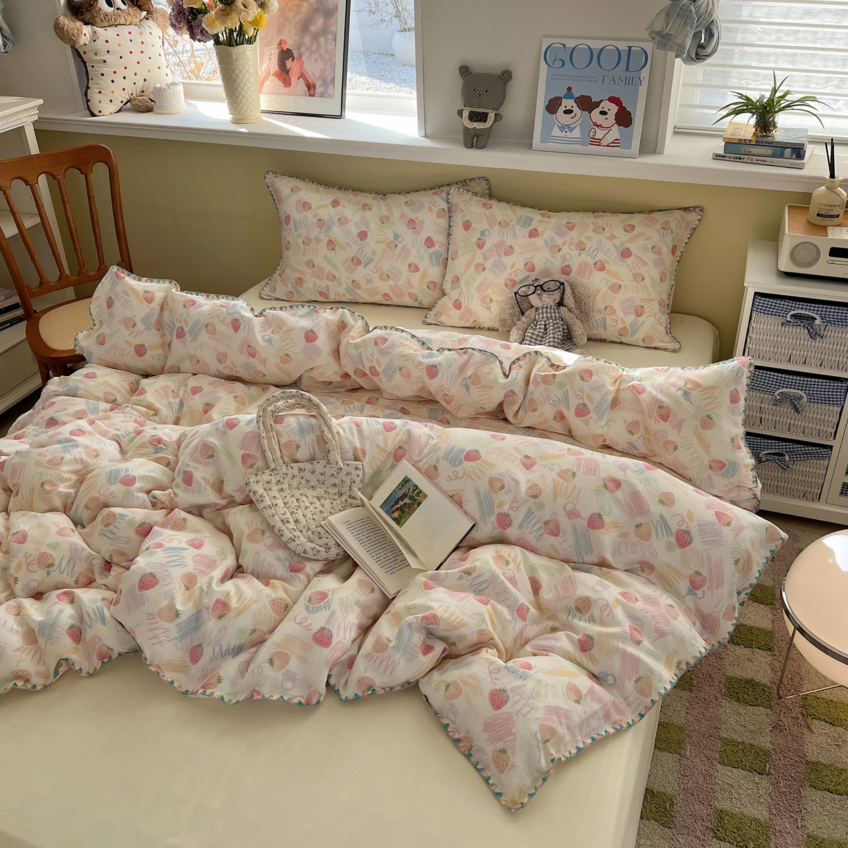 91家纺网 家纺一手货源 找家纺 典曼家纺 2026新款全棉纯棉有氧双层纱贝壳边四件套 贝壳边缤纷草莓