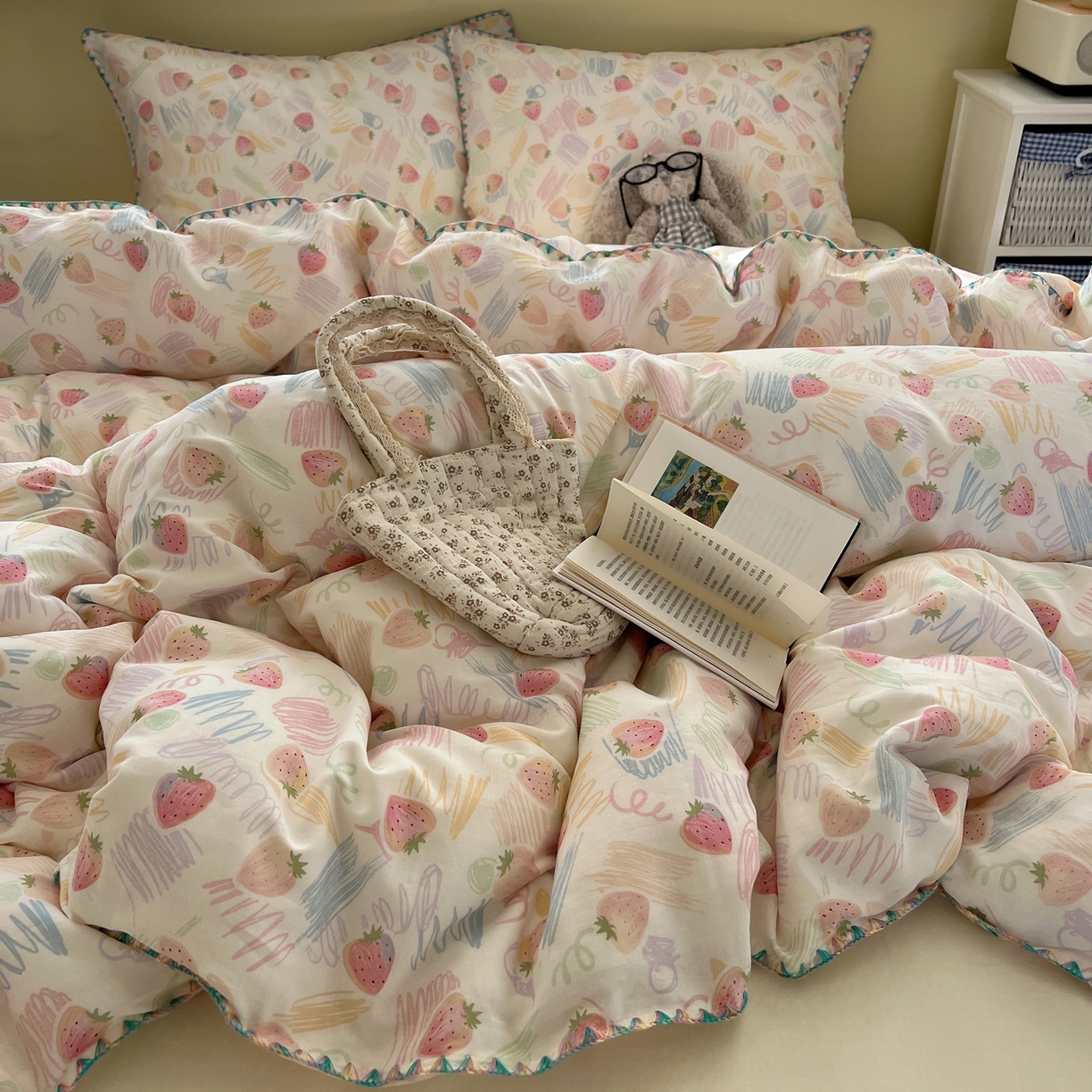 91家纺网 家纺一手货源 找家纺 典曼家纺 2026新款全棉纯棉有氧双层纱贝壳边四件套 贝壳边缤纷草莓