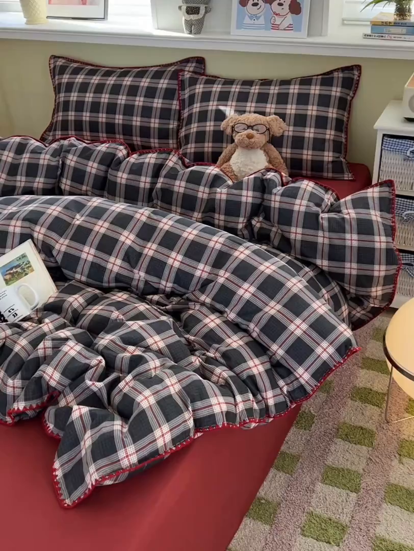 91家纺网 家纺一手货源 找家纺 典曼家纺 2026新款全棉纯棉有氧双层纱贝壳边四件套 贝壳边伯拉德