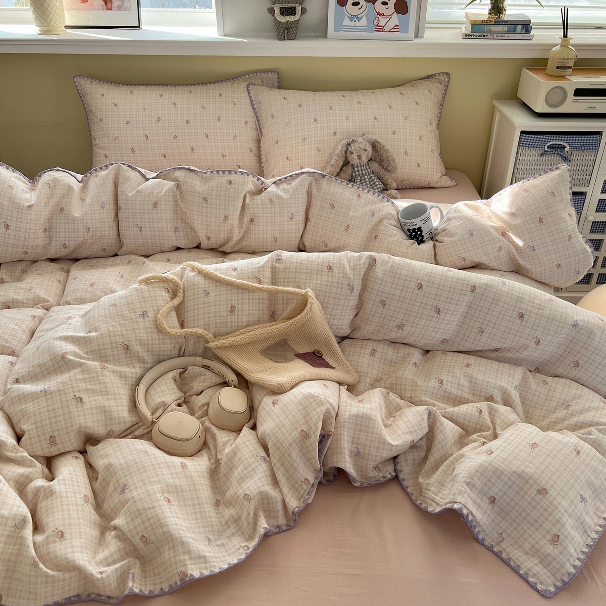 91家纺网 家纺一手货源 找家纺 典曼家纺 2026新款全棉纯棉有氧双层纱贝壳边四件套 贝壳边玫瑰物语