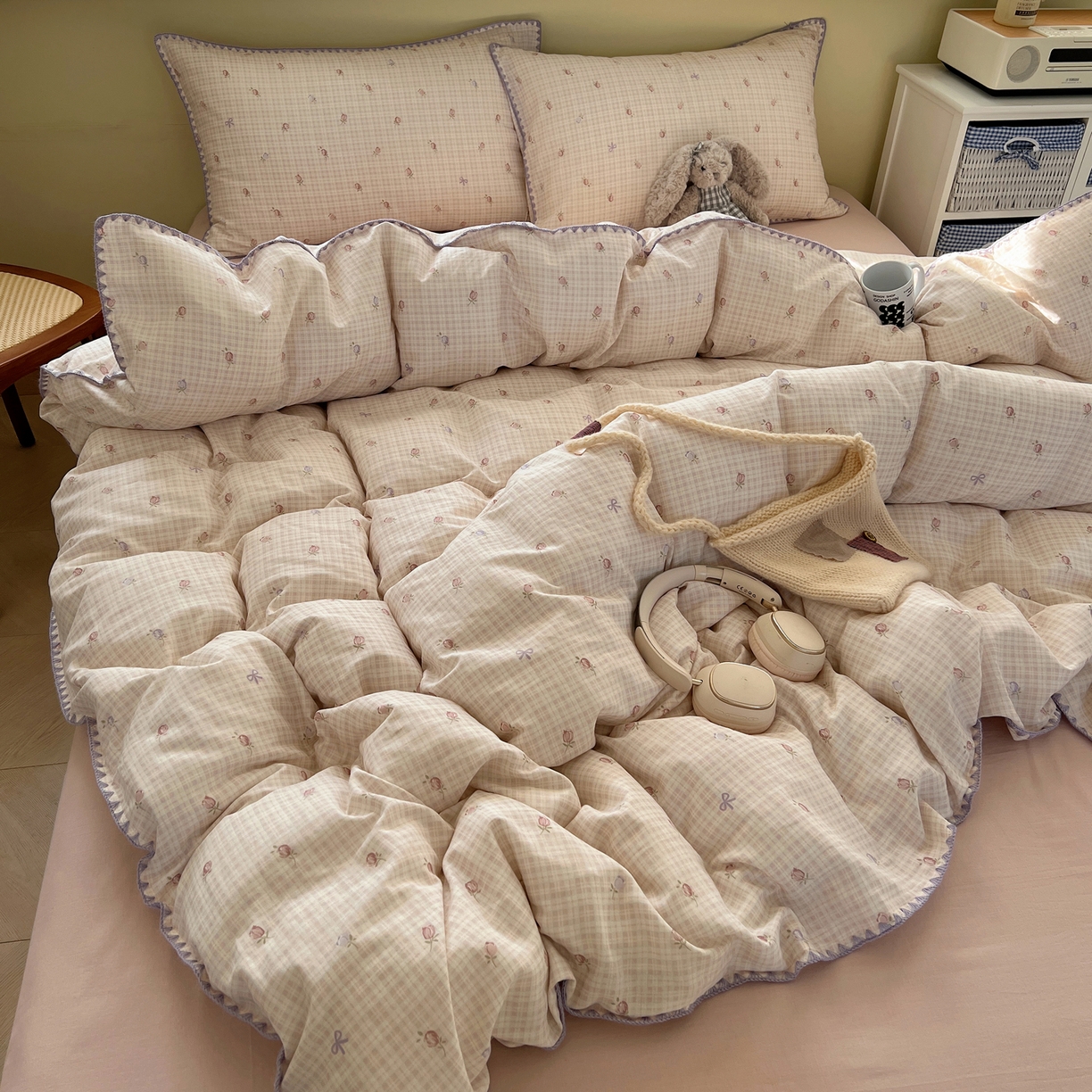 91家纺网 家纺一手货源 找家纺 典曼家纺 2026新款全棉纯棉有氧双层纱贝壳边四件套 贝壳边玫瑰物语