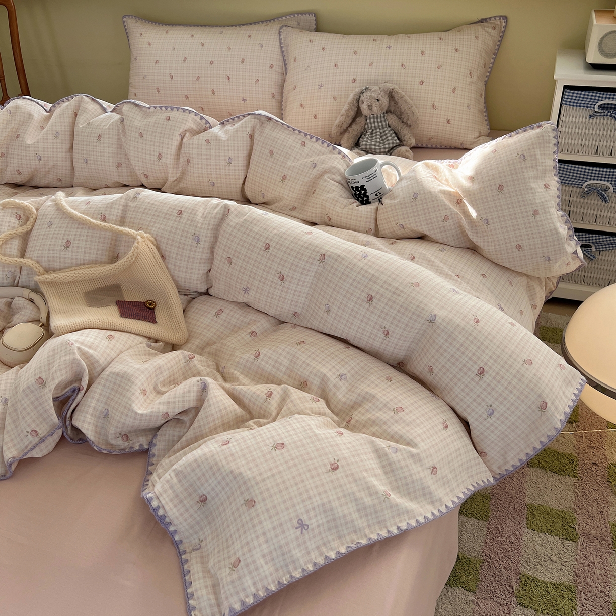 91家纺网 家纺一手货源 找家纺 典曼家纺 2026新款全棉纯棉有氧双层纱贝壳边四件套 贝壳边玫瑰物语