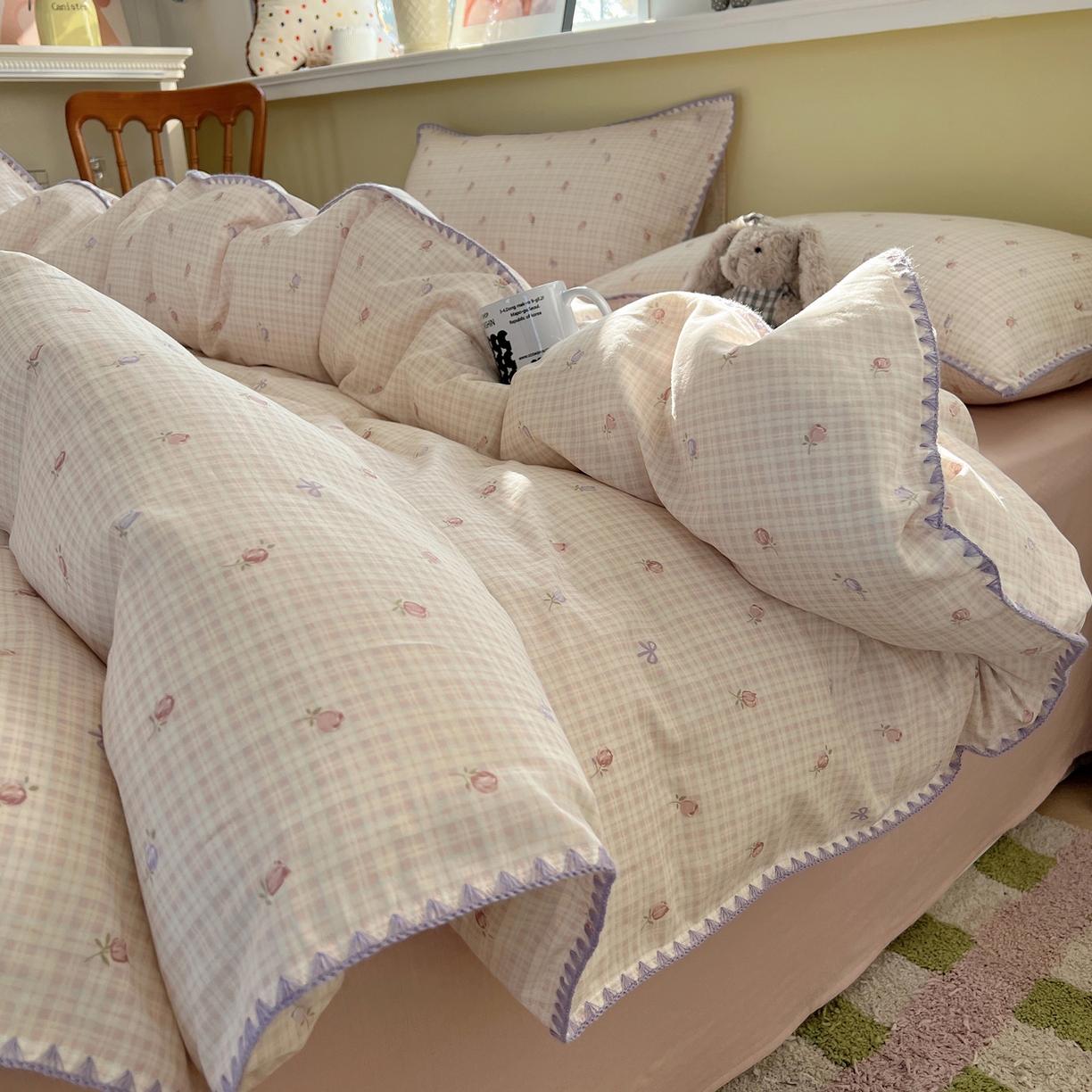 91家纺网 家纺一手货源 找家纺 典曼家纺 2026新款全棉纯棉有氧双层纱贝壳边四件套 贝壳边玫瑰物语