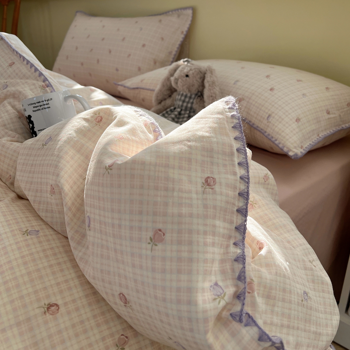 91家纺网 家纺一手货源 找家纺 典曼家纺 2026新款全棉纯棉有氧双层纱贝壳边四件套 贝壳边玫瑰物语