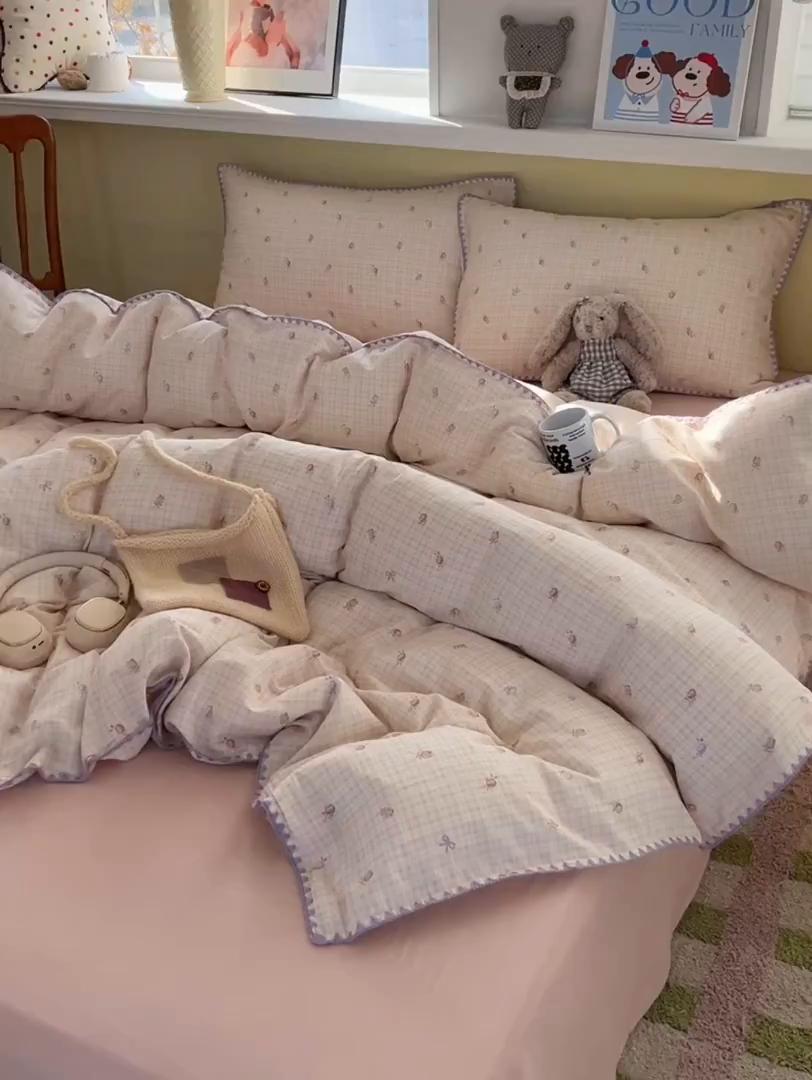 91家纺网 家纺一手货源 找家纺 典曼家纺 2026新款全棉纯棉有氧双层纱贝壳边四件套 贝壳边玫瑰物语