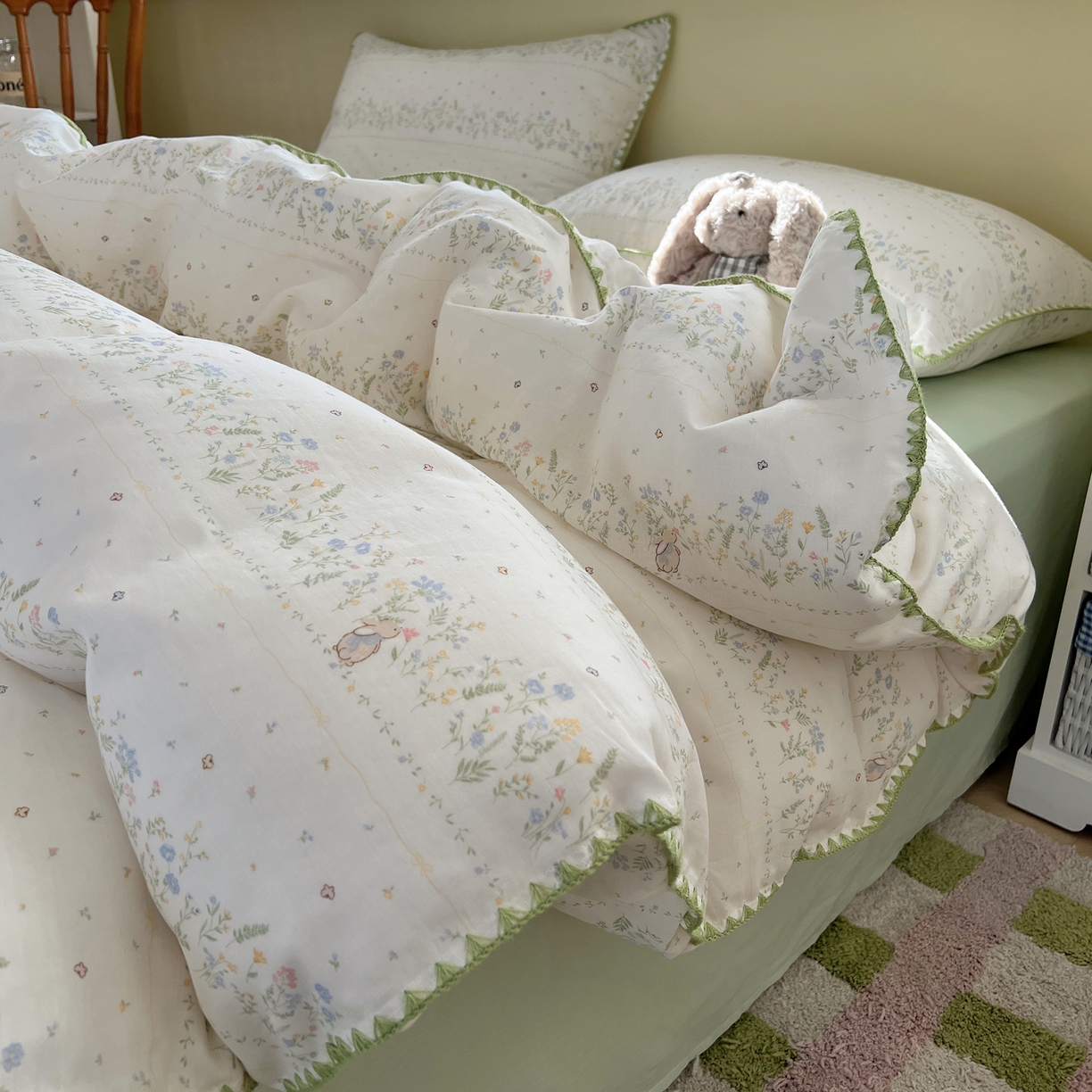 91家纺网 家纺一手货源 找家纺 典曼家纺 2026新款全棉纯棉有氧双层纱贝壳边四件套 贝壳边陌上花开