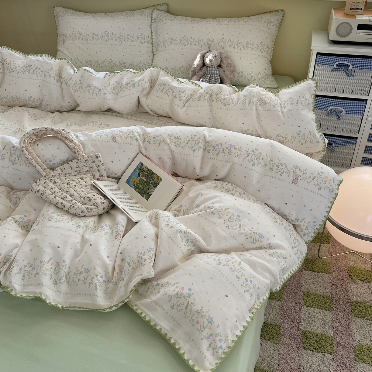 91家纺网 家纺一手货源 找家纺 典曼家纺 2026新款全棉纯棉有氧双层纱贝壳边四件套 贝壳边陌上花开