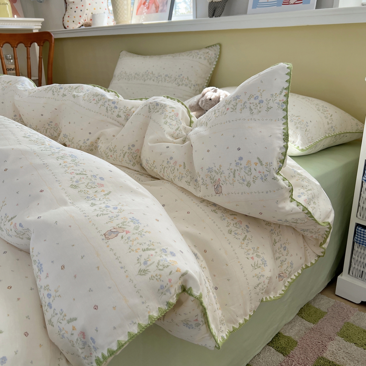 91家纺网 家纺一手货源 找家纺 典曼家纺 2026新款全棉纯棉有氧双层纱贝壳边四件套 贝壳边陌上花开