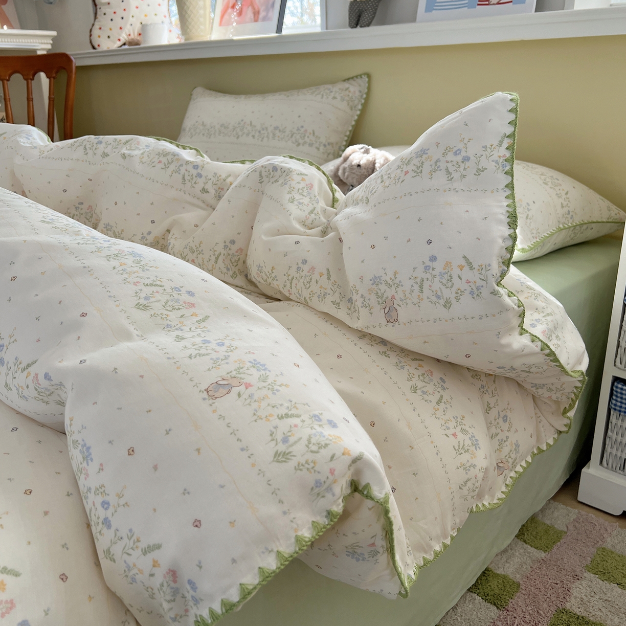 91家纺网 家纺一手货源 找家纺 典曼家纺 2026新款全棉纯棉有氧双层纱贝壳边四件套 贝壳边陌上花开