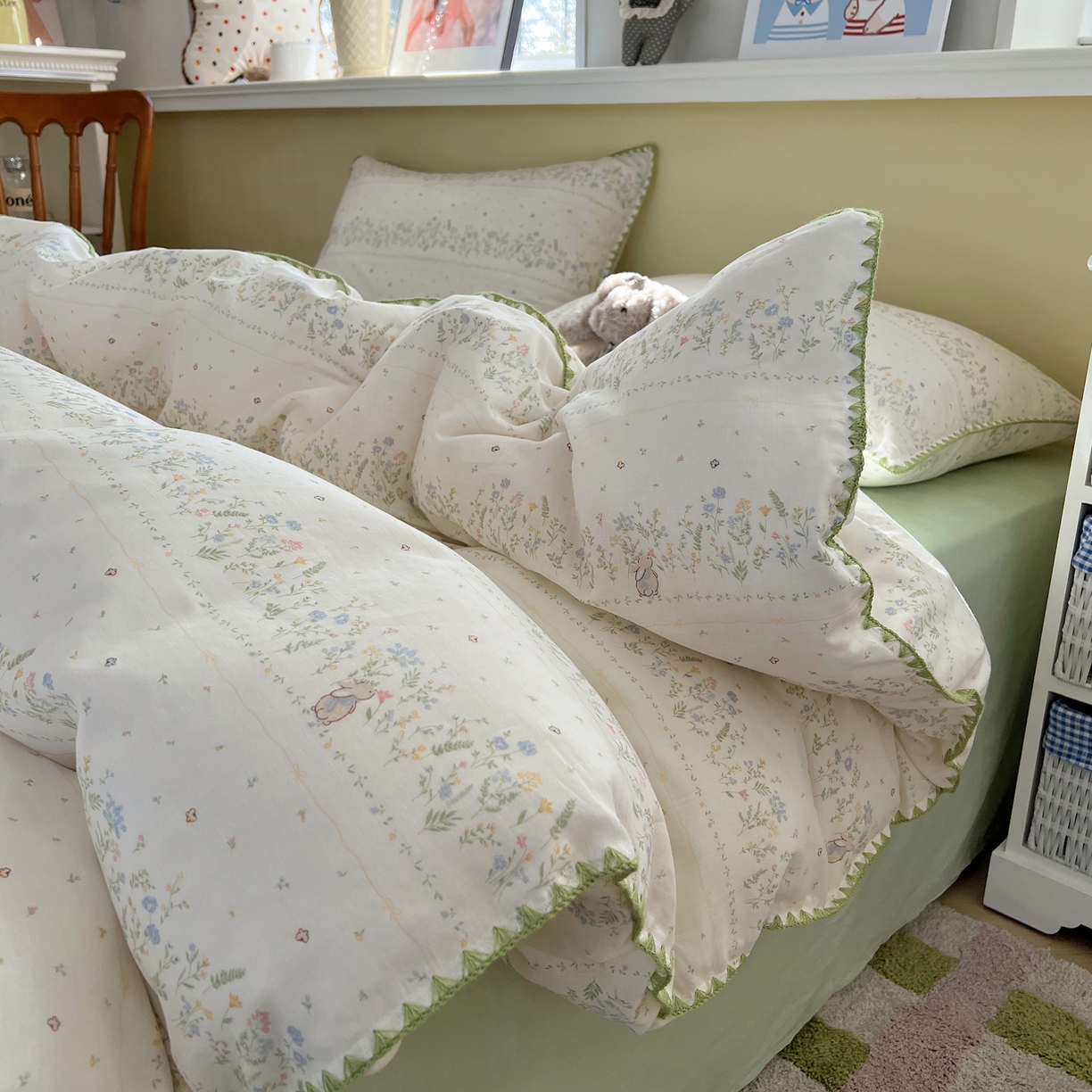 91家纺网 家纺一手货源 找家纺 典曼家纺 2026新款全棉纯棉有氧双层纱贝壳边四件套 贝壳边陌上花开